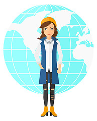 Image showing Business woman standing on globe background.