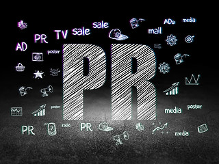 Image showing Advertising concept: PR in grunge dark room