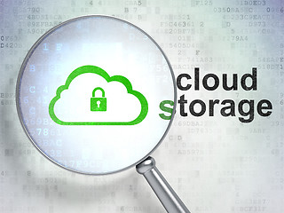 Image showing Cloud technology concept: Cloud With Padlock and Cloud Storage with optical glass