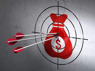 Image showing Finance concept: arrows in Money Bag target on wall background