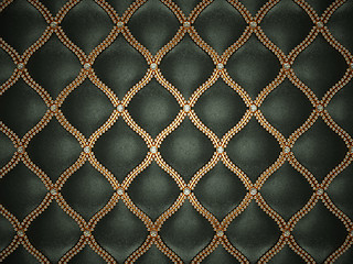 Image showing Black leather pattern with golden wire and gemstones