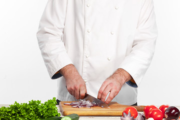 Image showing Chef cutting a onion on his kitchen