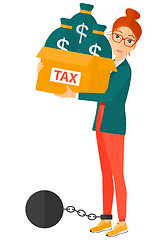 Image showing Chained woman with bags full of taxes. 