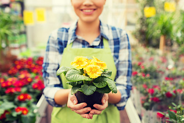 Image showing close up of woman holding flowers in greenhouse