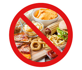 Image showing close up of fast food snacks behind no symbol