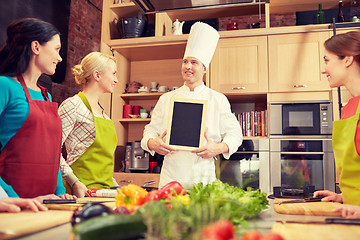 Image showing happy women and chef cook with menu in kitchen