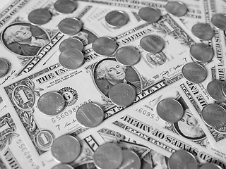 Image showing Black and white Dollar coins and notes