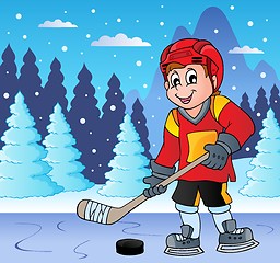 Image showing Ice hockey player on frozen lake