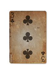 Image showing Very old playing card, three of clubs
