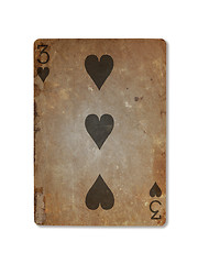Image showing Very old playing card, three of hearts
