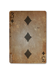 Image showing Very old playing card, three of diamonds