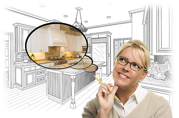 Image showing Woman Over Custom Kitchen Drawing and Thought Bubble Photo