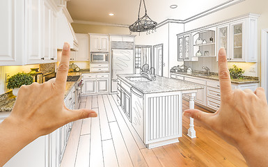 Image showing Hands Framing Gradated Custom Kitchen Design Drawing and Photo C