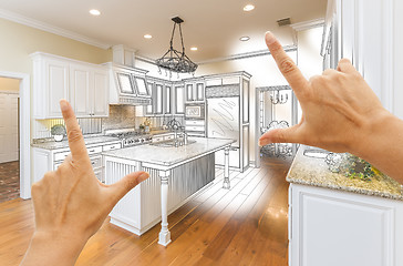 Image showing Hands Framing Custom Kitchen Design Drawing and Photo Combinatio