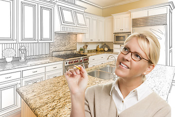 Image showing Woman With Pencil Over Custom Kitchen Drawing and Photo Combinat