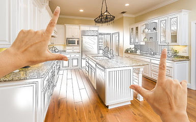 Image showing Hands Framing Custom Kitchen Design Drawing and Photo Combinatio