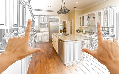 Image showing Hands Framing Gradated Custom Kitchen Design Drawing and Photo C