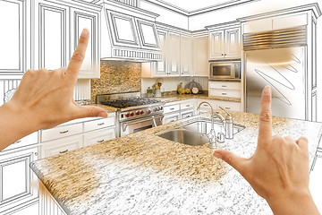 Image showing Hands Framing Custom Kitchen Design Drawing and Photo Combinatio