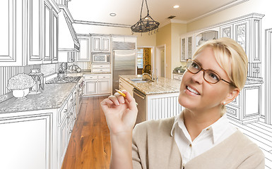 Image showing Woman With Pencil Over Custom Kitchen Drawing and Photo Combinat