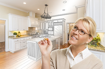 Image showing Woman With Pencil Over Custom Kitchen Drawing and Photo Combinat