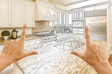 Image showing Hands Framing Gradated Custom Kitchen Design Drawing and Photo C