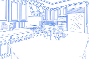Image showing Blue Custom Kitchen Design Drawing on White