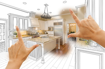 Image showing Hands Framing Custom Kitchen Design Drawing and Photo Combinatio