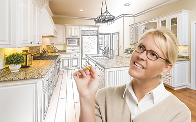 Image showing Woman With Pencil Over Custom Kitchen Drawing and Photo Combinat