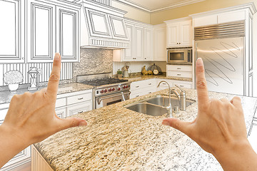 Image showing Hands Framing Gradated Custom Kitchen Design Drawing and Photo C