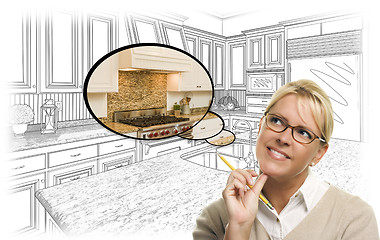 Image showing Woman Over Custom Kitchen Drawing and Thought Bubble Photo