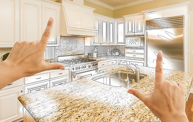 Image showing Hands Framing Custom Kitchen Design Drawing and Photo Combinatio