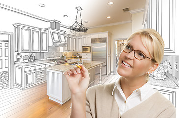 Image showing Woman With Pencil Over Custom Kitchen Drawing and Photo Combinat