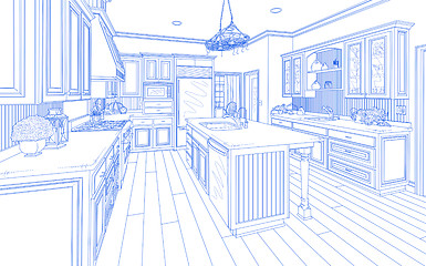 Image showing Blue Custom Kitchen Design Drawing on White