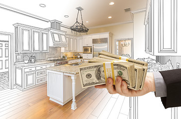 Image showing Hand Handing Cash Over Kitchen Design Drawing and Photo Combinat