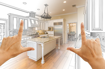 Image showing Hands Framing Gradated Custom Kitchen Design Drawing and Photo C