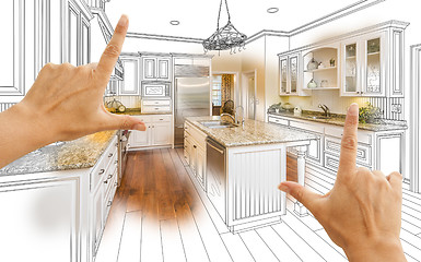 Image showing Hands Framing Custom Kitchen Design Drawing and Photo Combinatio