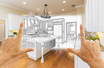 Image showing Hands Framing Custom Kitchen Design Drawing and Square Photo Com