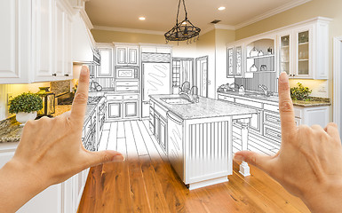 Image showing Hands Framing Custom Kitchen Design Drawing and Square Photo Com