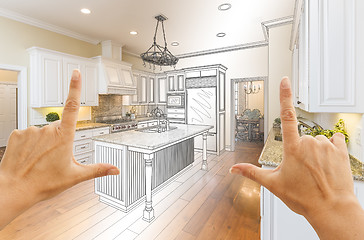 Image showing Hands Framing Gradated Custom Kitchen Design Drawing and Photo C