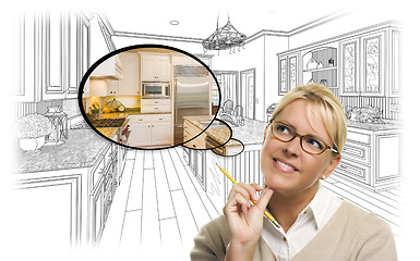 Image showing Woman Over Custom Kitchen Drawing and Thought Bubble Photo