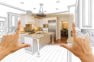 Image showing Hands Framing Custom Kitchen Design Drawing and Square Photo Com