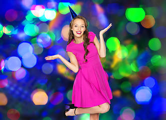 Image showing happy young woman or teen girl in party cap