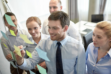 Image showing smiling business people with marker and stickers