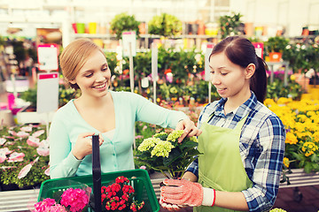 Image showing happy women choosing flowers in greenhouse