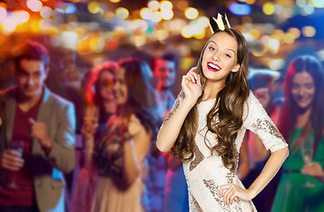 Image showing happy young woman or girl in party dress and crown