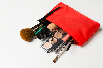 Image showing close up of cosmetic bag with makeup stuff