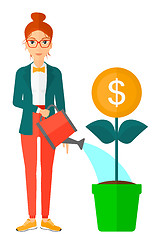 Image showing Woman watering money flower.