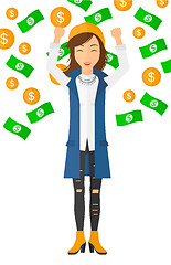 Image showing Happy woman with  flying money. 