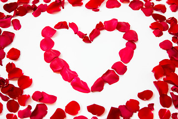 Image showing close up of red rose petals in heart shape