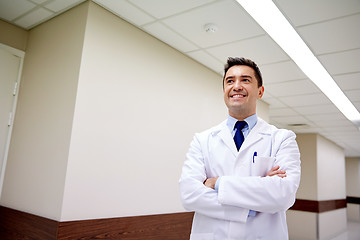 Image showing smiling doctor at hospital corridor